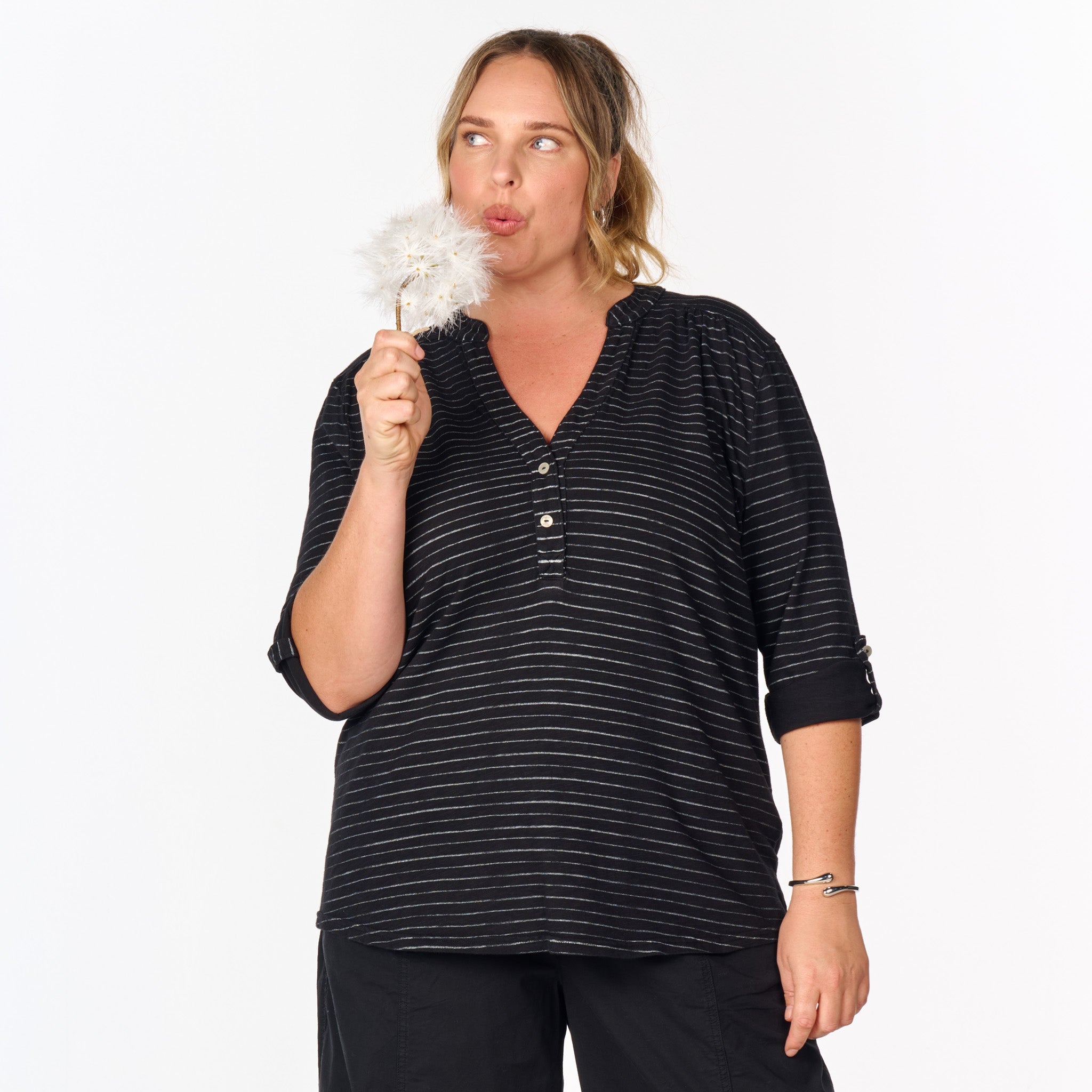 Ocean Stripe Buttonside Henley | Plus Size | Clearance