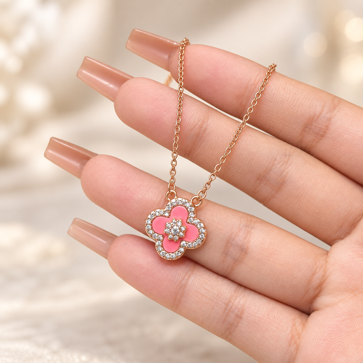 Pink Full-Pavé Five-Flower Clover Bracelet