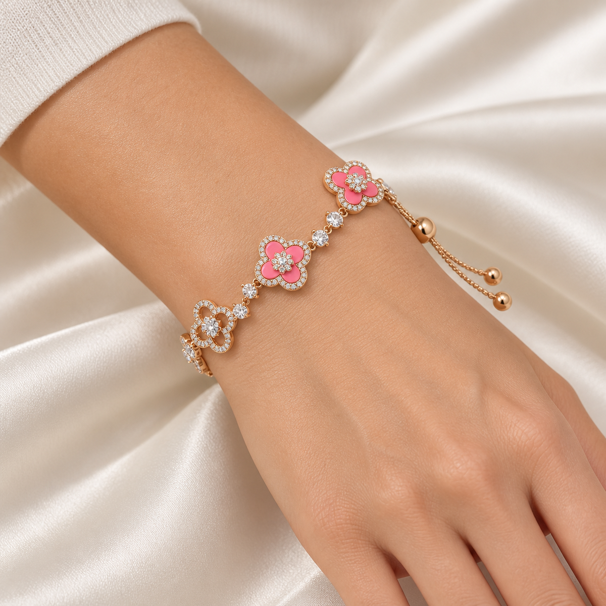 Pink Full-Pavé Five-Flower Clover Bracelet
