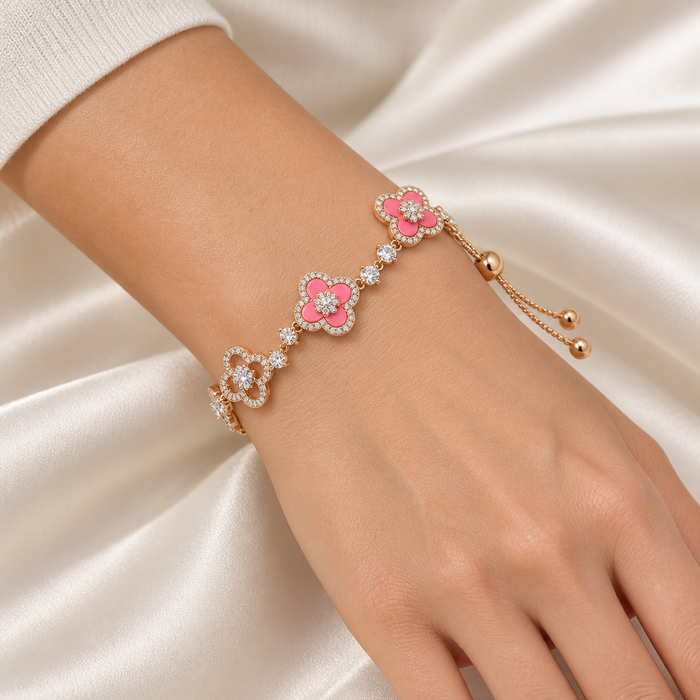 Pink Full-Pavé Five-Flower Clover Bracelet