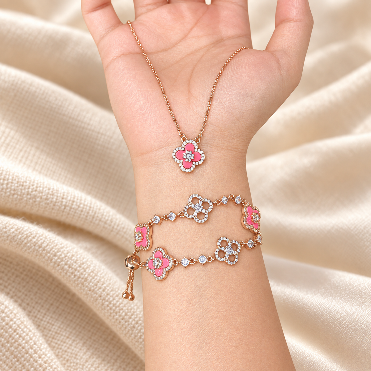 Pink Full-Pavé Five-Flower Clover Bracelet